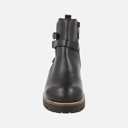 Botines negros de piel para mujer con elástico y hebillas