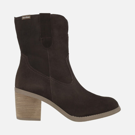Botines de tacón para mujer en piel serraje estilo campero