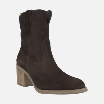 Botines de tacón para mujer en piel serraje estilo campero
