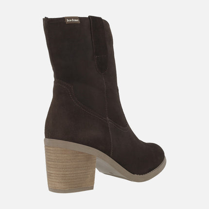 Botines de tacón para mujer en piel serraje estilo campero