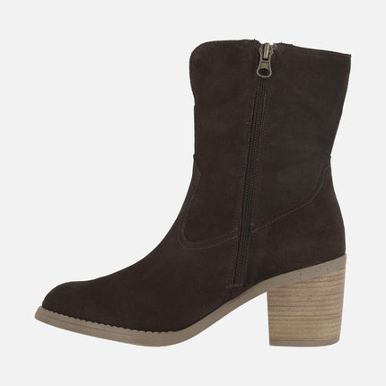 Botines de tacón para mujer en piel serraje estilo campero