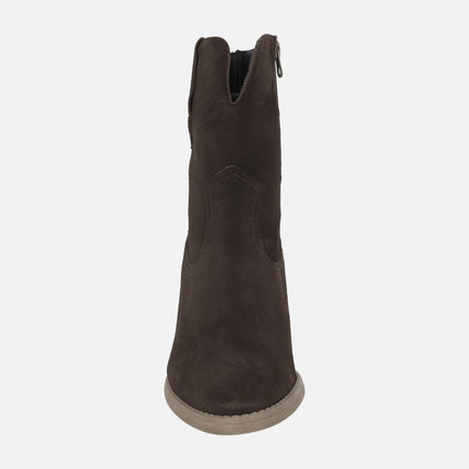 Botines de tacón para mujer en piel serraje estilo campero