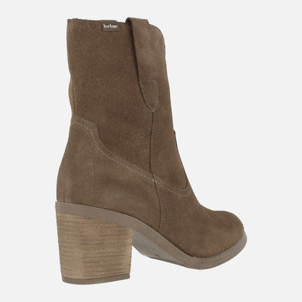 Botines de tacón para mujer en piel serraje estilo campero
