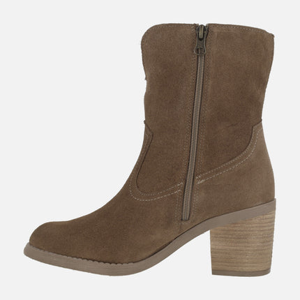 Botines de tacón para mujer en piel serraje estilo campero