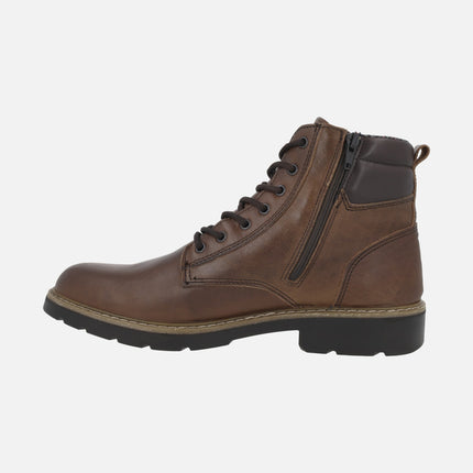 Brown leather boots with laces and zipper for men