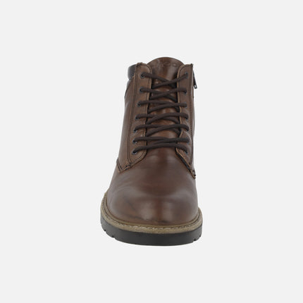 Brown leather boots with laces and zipper for men