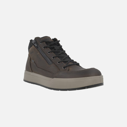 Brown leather ankle boots for men with laces and zipper