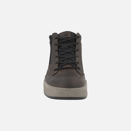 Brown leather ankle boots for men with laces and zipper