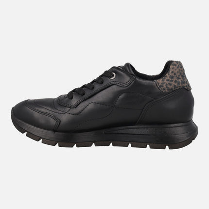 Black leather sneakers with GORE-TEX membrane and animal print heel