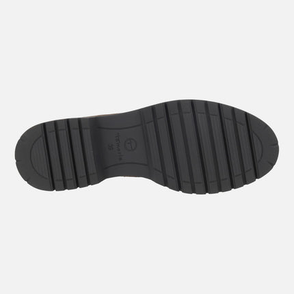 Mocasines para mujer en serraje marrón con adorno en el empeine