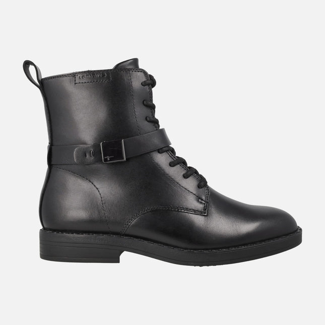 Black leather ankle boots with laces and zipper
