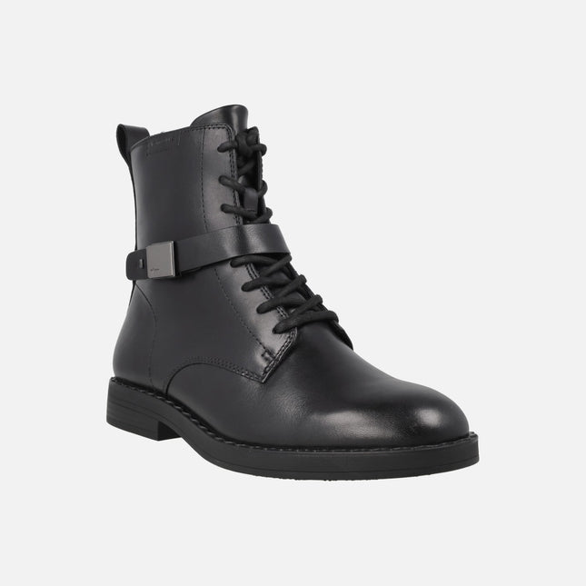 Black leather ankle boots with laces and zipper