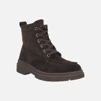 Botines para mujer en piel serraje con cordones y cremallera