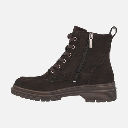 Botines para mujer en piel serraje con cordones y cremallera