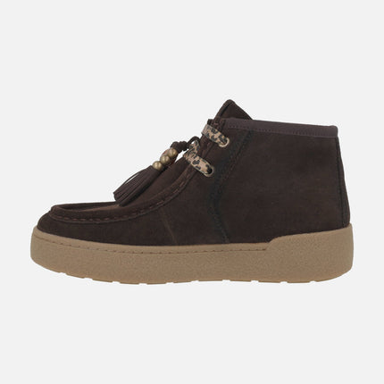 Women's lace-up ankle boots in suede leather with tassel and bead detail