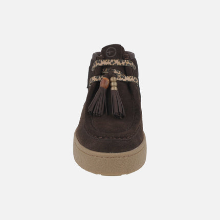 Women's lace-up ankle boots in suede leather with tassel and bead detail