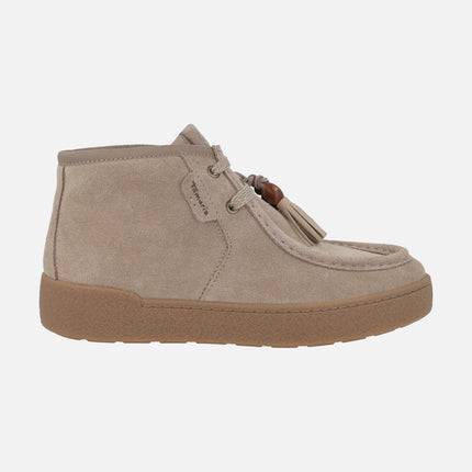 Women's lace-up ankle boots in suede leather with tassel and bead detail