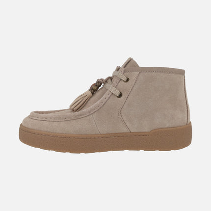 Women's lace-up ankle boots in suede leather with tassel and bead detail