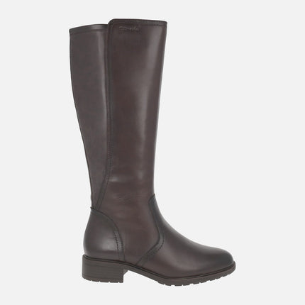High brown leather boots with elastic fabric back
