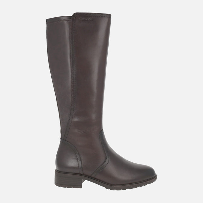Botas altas de piel marrón con parte trasera en tejido elástico