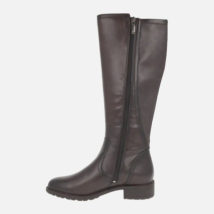 High brown leather boots with elastic fabric back