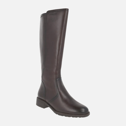 High brown leather boots with elastic fabric back