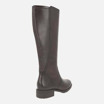 High brown leather boots with elastic fabric back