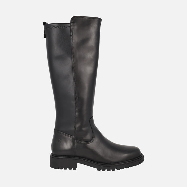 Botas altas negras de piel con parte trasera en tejido elástico