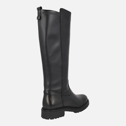 Botas altas negras de piel con parte trasera en tejido elástico