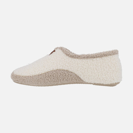 Zapatillas de casa cerradas para mujer en tejido borreguillo bicolor crudo y beige