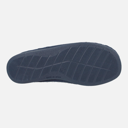 Closed house slippers for men in blue wool with sheepskin lining