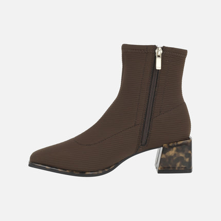 Ankle boots in elastic fabric with tortoiseshell effect heels
