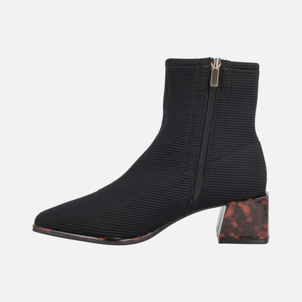Ankle boots in elastic fabric with tortoiseshell effect heels