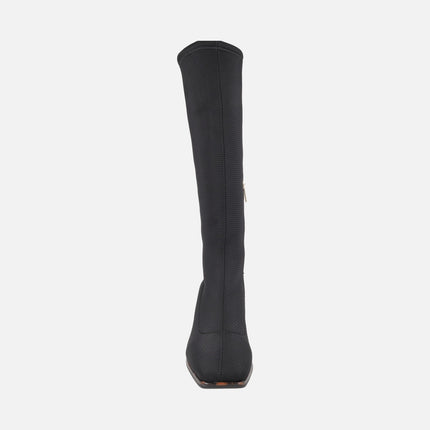 Botas altas en tejido elástico negro con tacones efecto carey