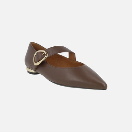 Brown leather ballerinas with gold buckle closure