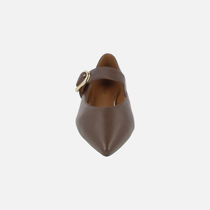 Brown leather ballerinas with gold buckle closure