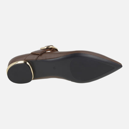 Brown leather ballerinas with gold buckle closure