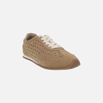 Zapatillas deportivas de serraje camel con detalles dorados