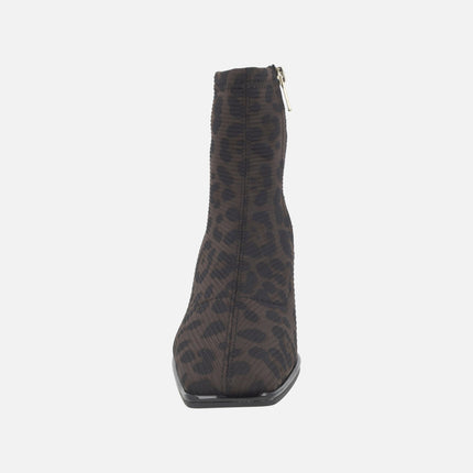 Heeled ankle boots in elastic animal print fabric