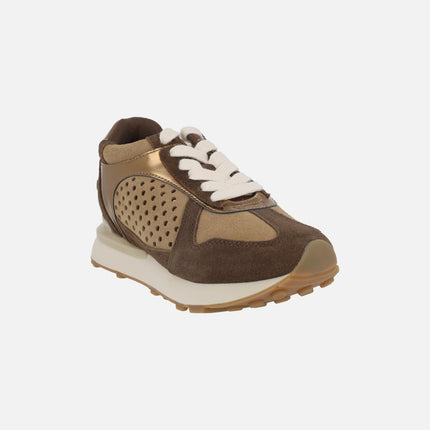 Sports sneakers with inner wedge in a combination of metallic and brown