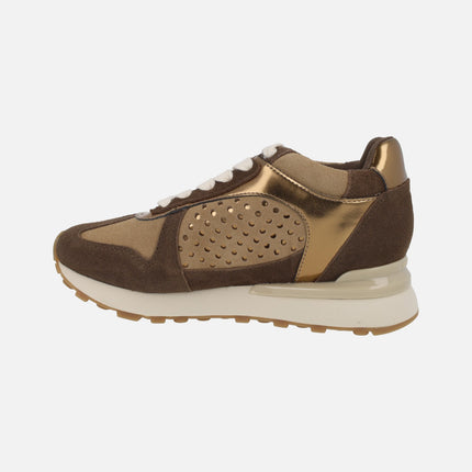 Sports sneakers with inner wedge in a combination of metallic and brown