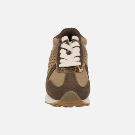 Sports sneakers with inner wedge in a combination of metallic and brown