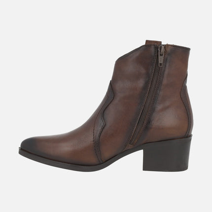 Botines de tacón para mujer en piel con puntera afilada estilo cowboy