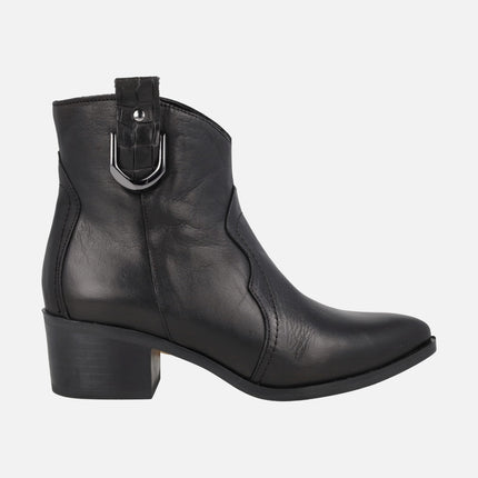 Botines de tacón para mujer en piel con puntera afilada estilo cowboy