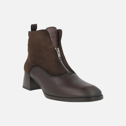 Heeled ankle boots for women in combined leather and suede with central zipper