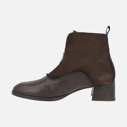 Heeled ankle boots for women in combined leather and suede with central zipper