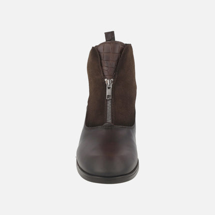 Heeled ankle boots for women in combined leather and suede with central zipper