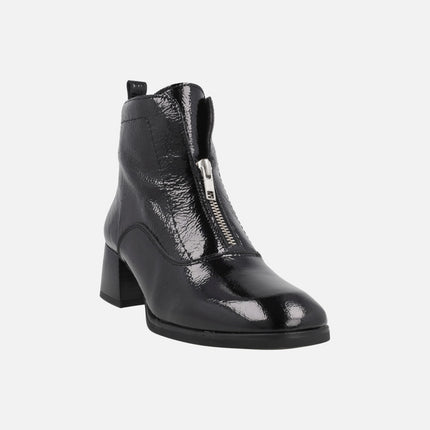 Botines de tacón para mujer en charol negro con cierre de cremallera central