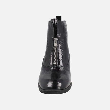 Botines de tacón para mujer en charol negro con cierre de cremallera central