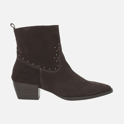 PAULINA ankle boots in chocolate brown suede with mini studs